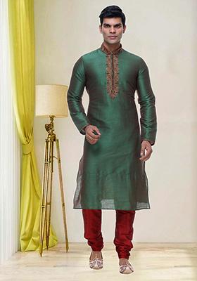 Green Embroidered Silk Kurta Set For Men