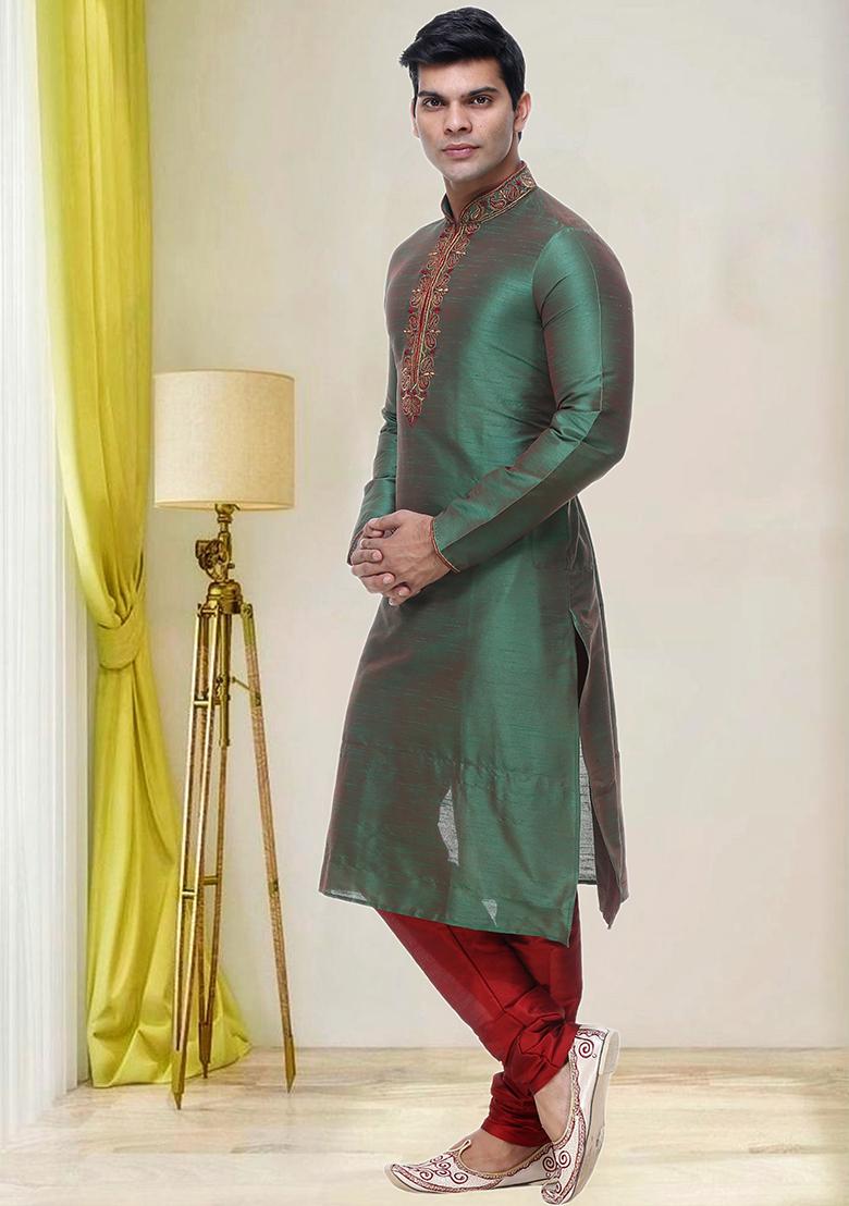 Green Embroidered Silk Kurta Set For Men