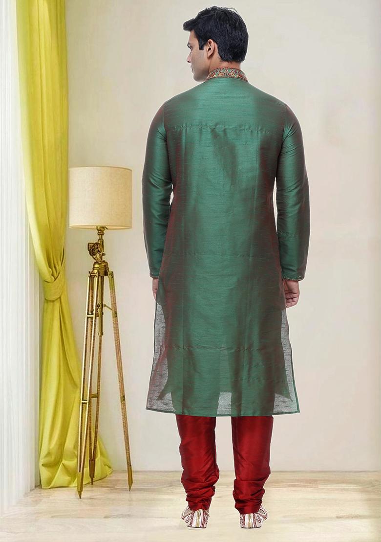 Green Embroidered Silk Kurta Set For Men