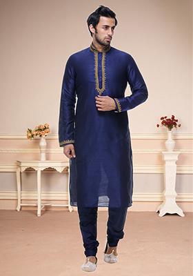 Dark Blue Embroidered Silk Blend Kurta Set For Men
