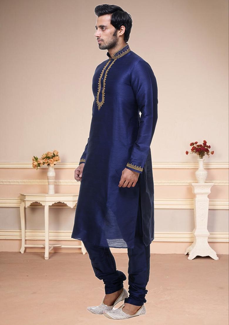 Dark Blue Embroidered Silk Kurta Set For Men