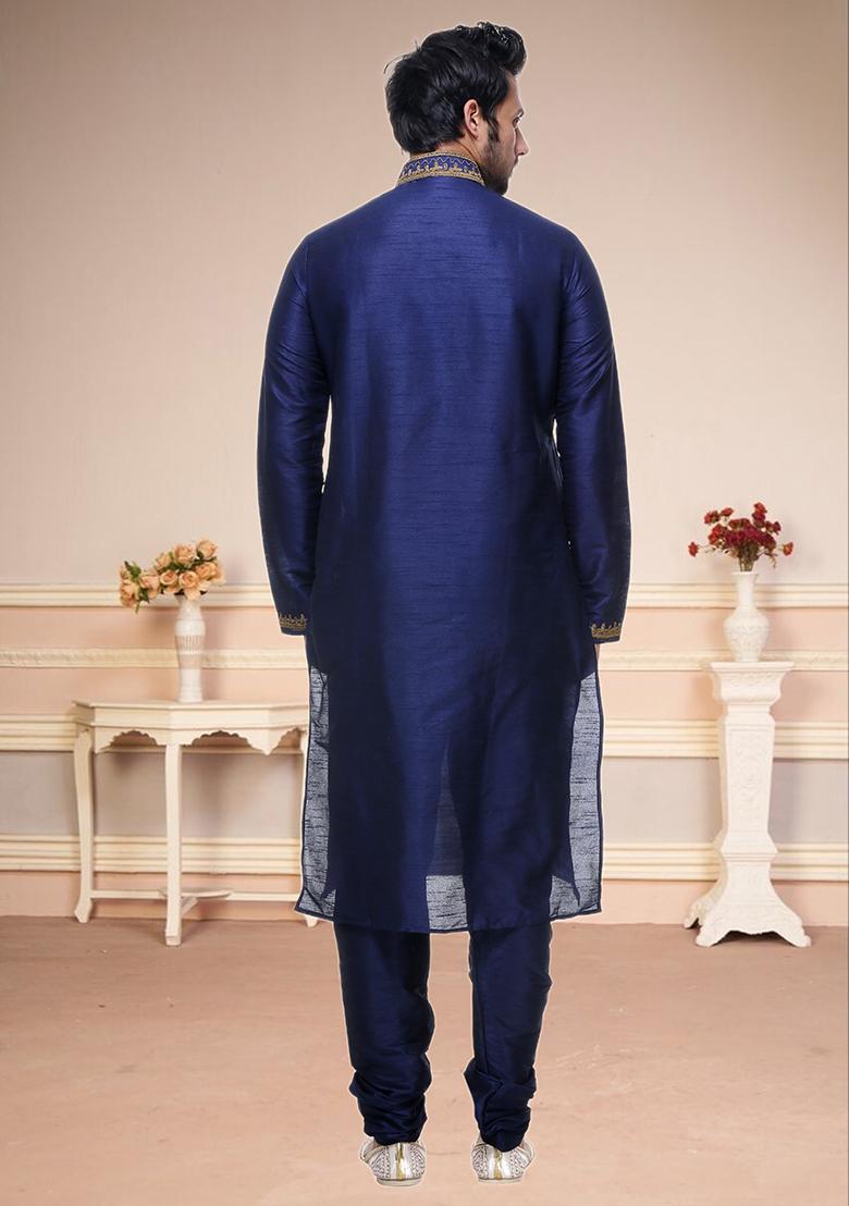 Dark Blue Embroidered Silk Kurta Set For Men