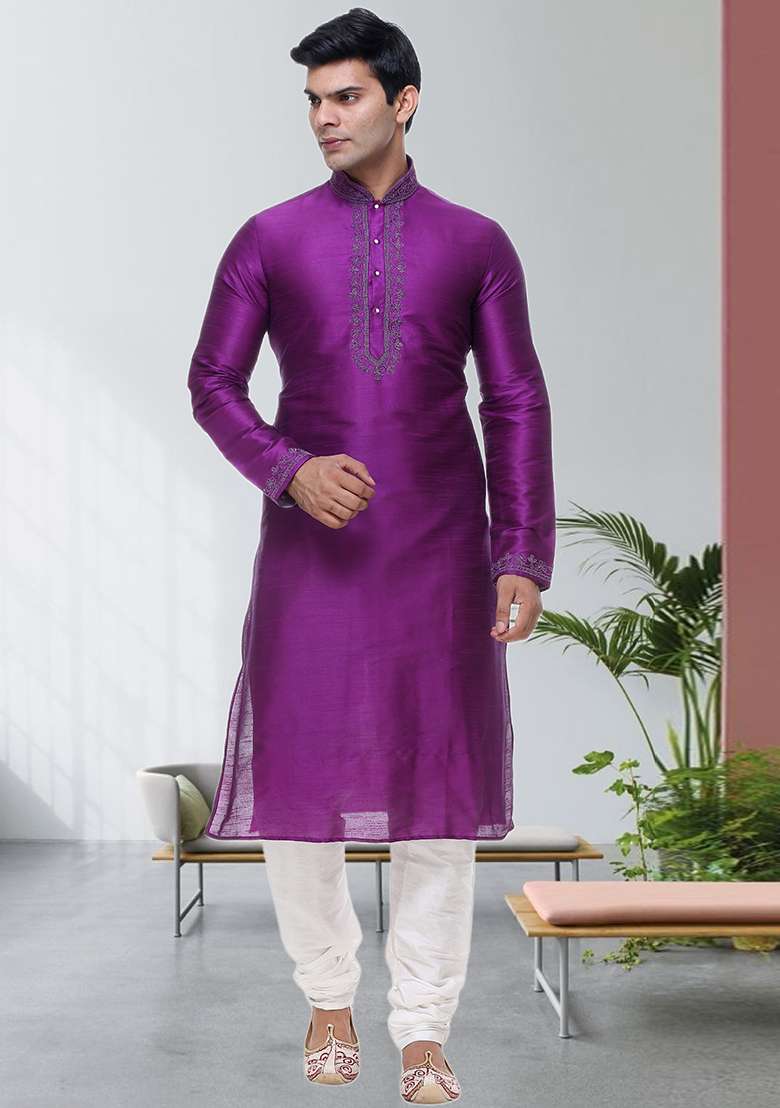 Pink Embroidered Silk Blend Kurta Set For Men - Indya
