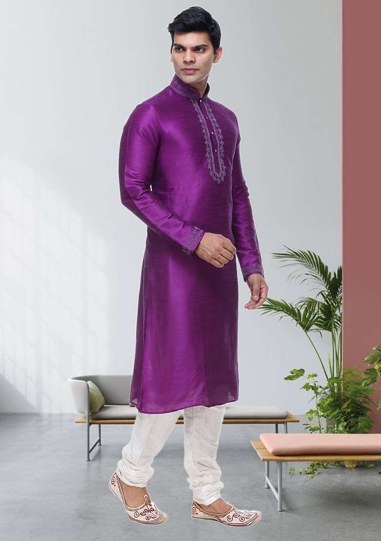 Pink Embroidered Silk Blend Kurta Set For Men - Indya