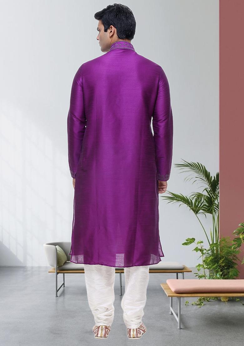 Pink Embroidered Silk Kurta Set For Men