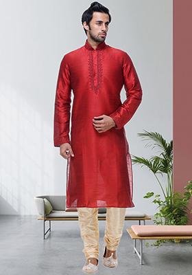 Red Embroidered Silk Kurta Set For Men