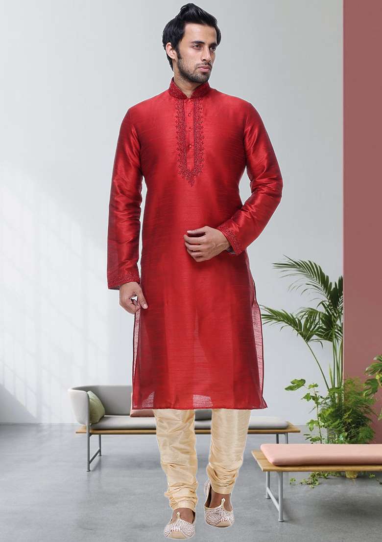 Red Embroidered Silk Blend Kurta Set For Men - Indya