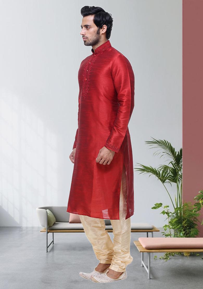 Red Embroidered Silk Kurta Set For Men