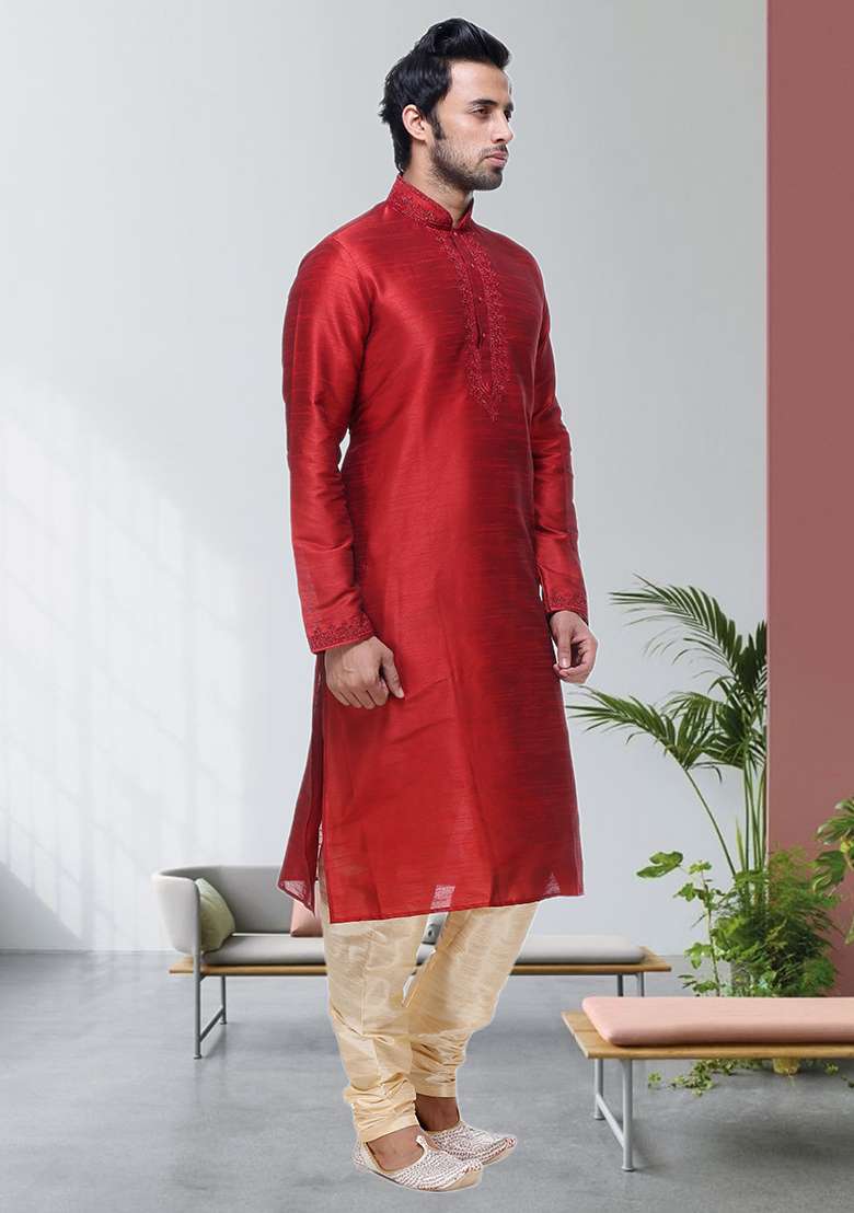 Red Embroidered Silk Blend Kurta Set For Men - Indya