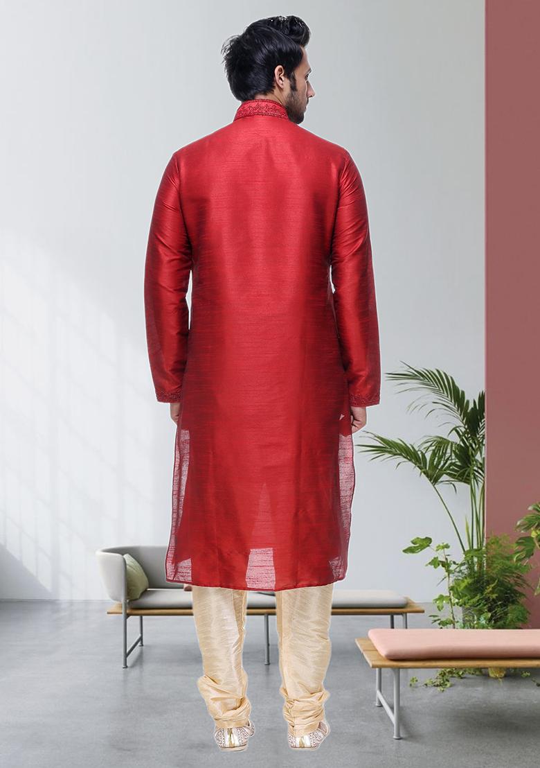 Red Embroidered Silk Kurta Set For Men