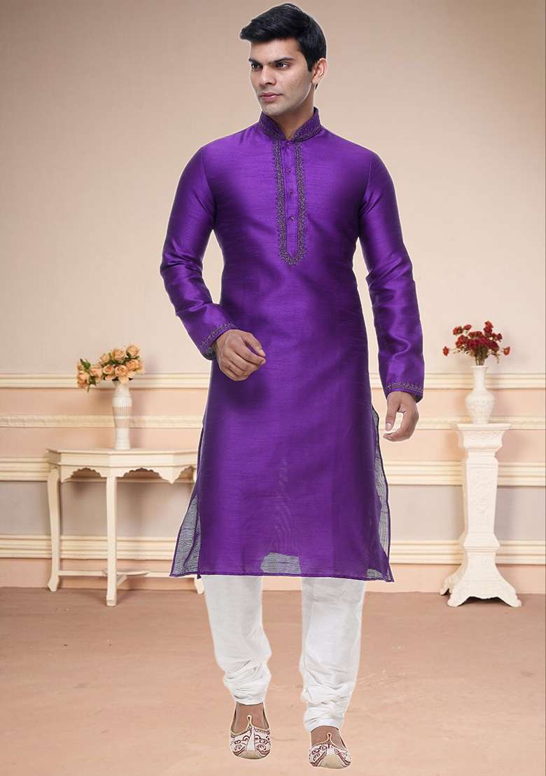 Purple Embroidered Silk Blend Kurta Set For Men - Indya