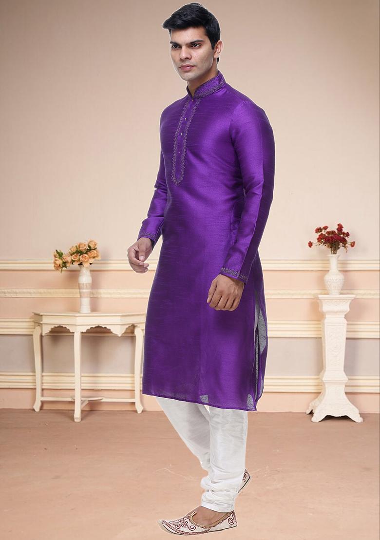 Purple Embroidered Silk Kurta Set For Men