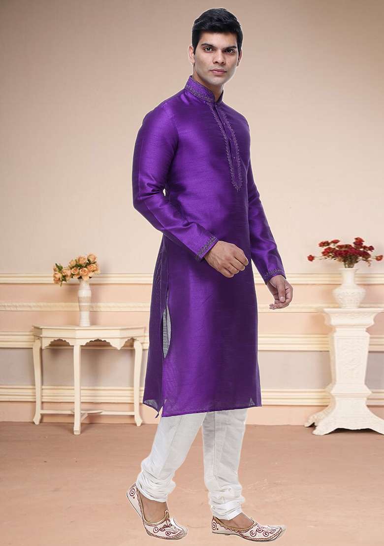 Purple Embroidered Silk Blend Kurta Set For Men - Indya