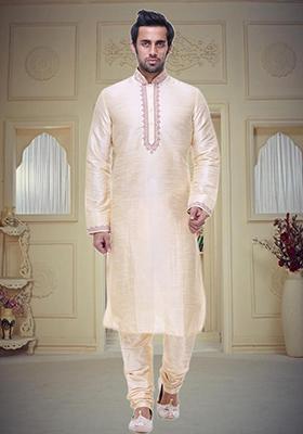 Fawn Yellow Embroidered Silk Kurta Set For Men