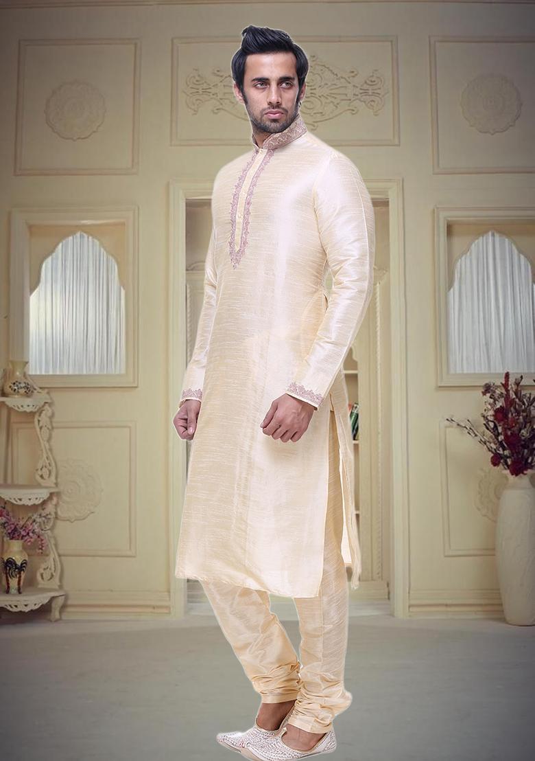 Fawn Yellow Embroidered Silk Kurta Set For Men