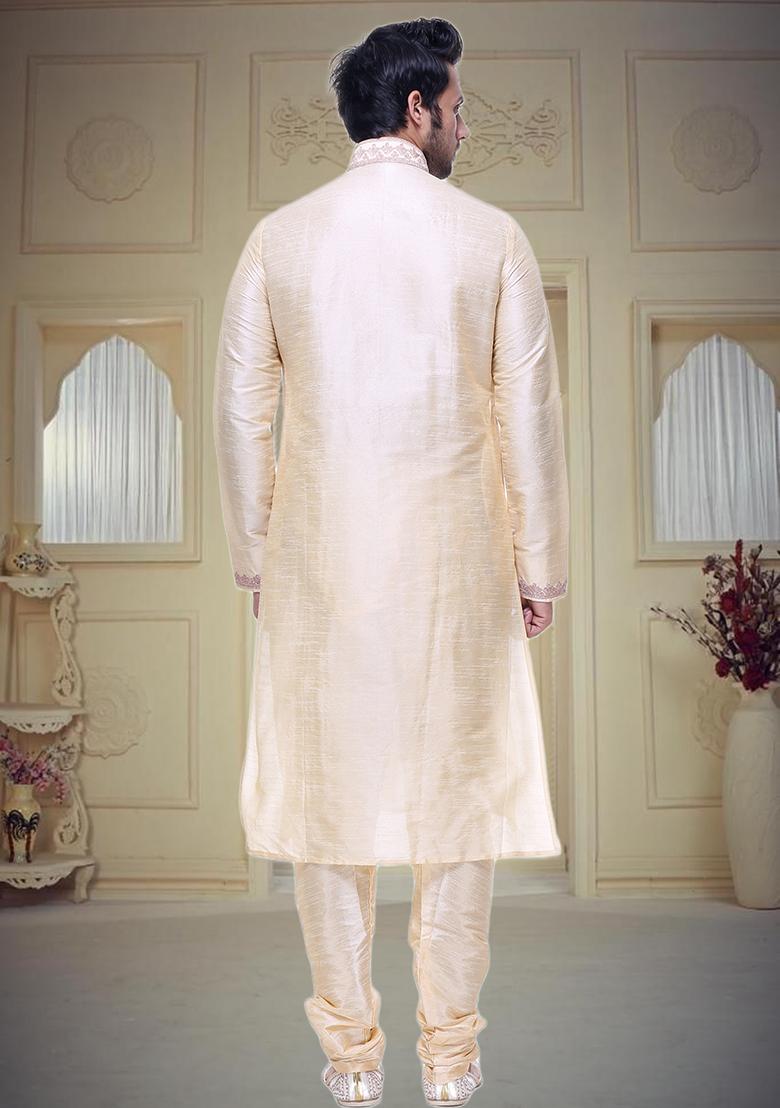 Fawn Yellow Embroidered Silk Kurta Set For Men