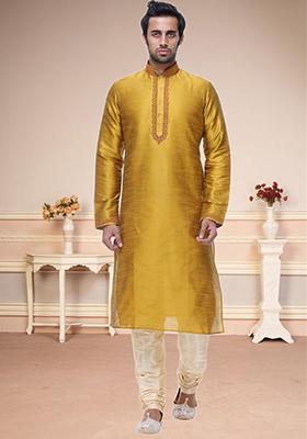Gold Embroidered Silk Kurta Set For Men