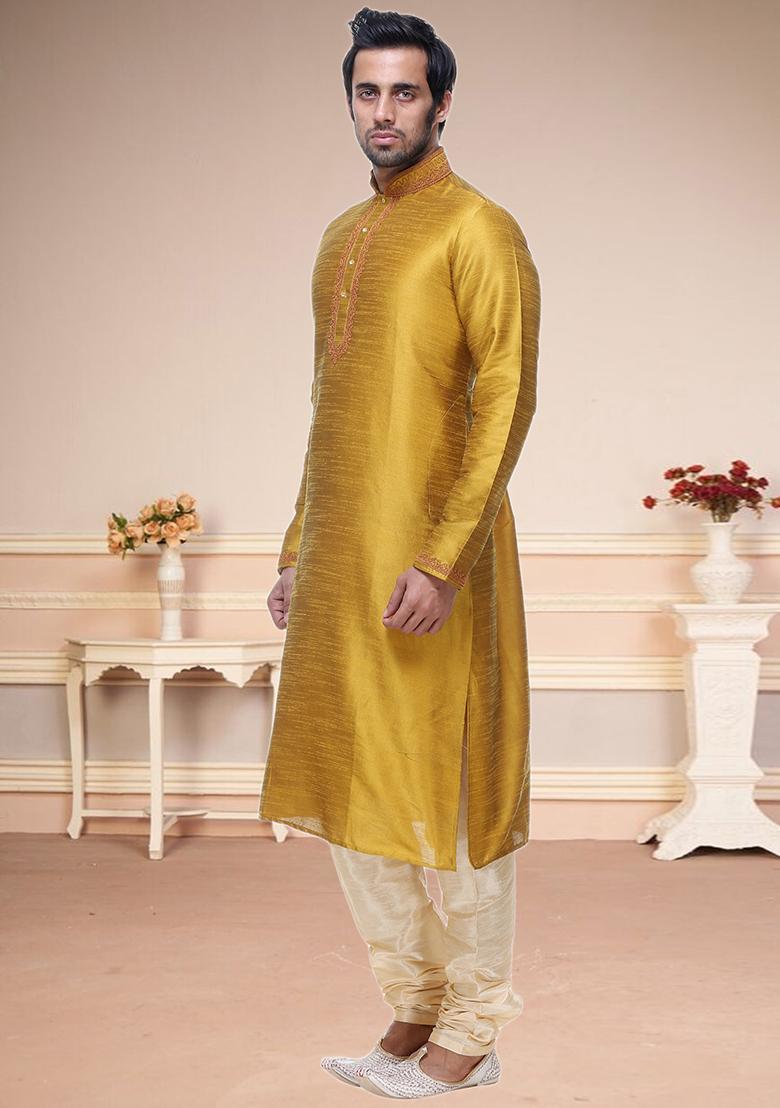 Gold Embroidered Silk Kurta Set For Men