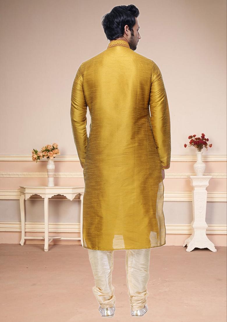 Gold Embroidered Silk Kurta Set For Men