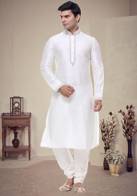 Off White Embroidered Silk Kurta Set For Men