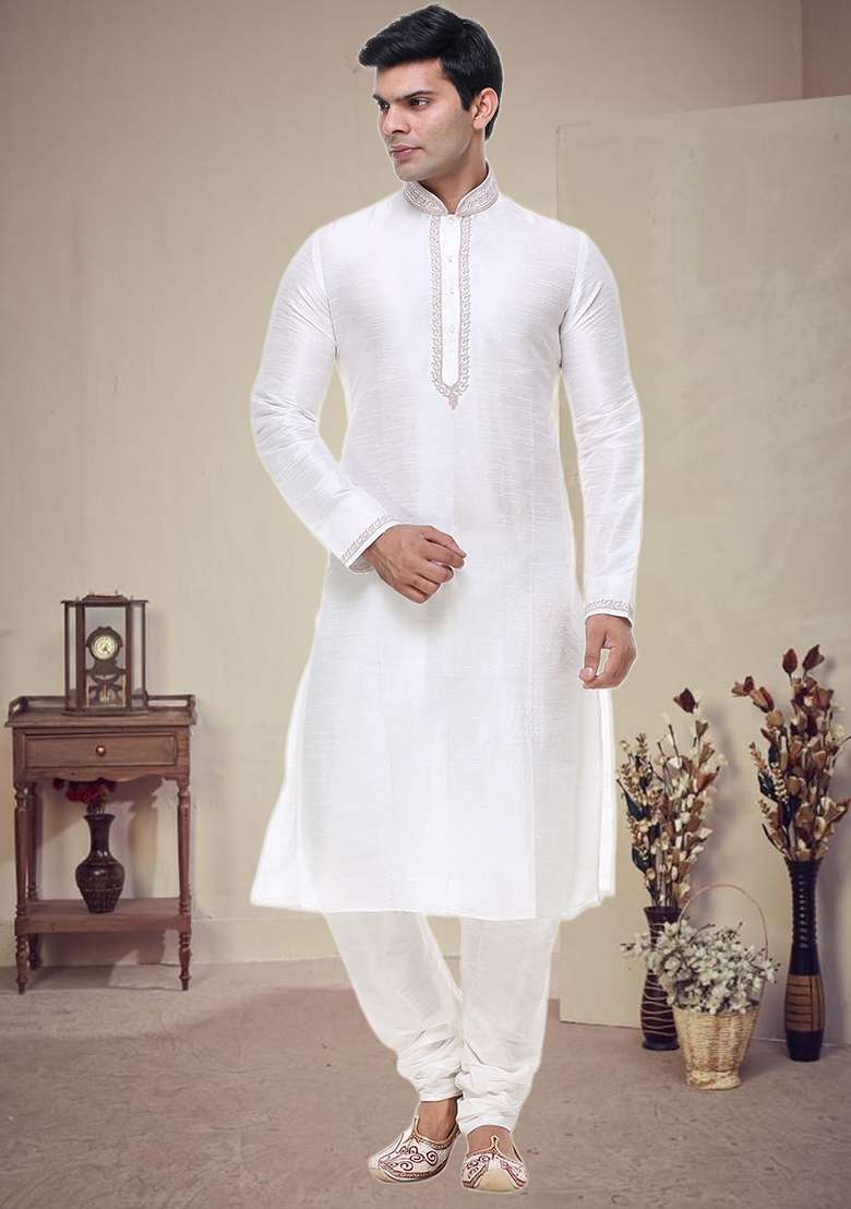 Off White Embroidered Silk Blend Kurta Set For Men - Indya