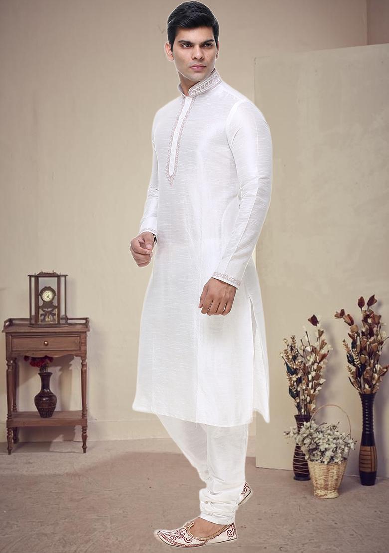 Off White Embroidered Silk Kurta Set For Men