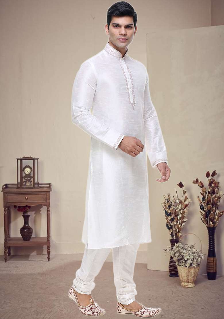 Off White Embroidered Silk Blend Kurta Set For Men - Indya