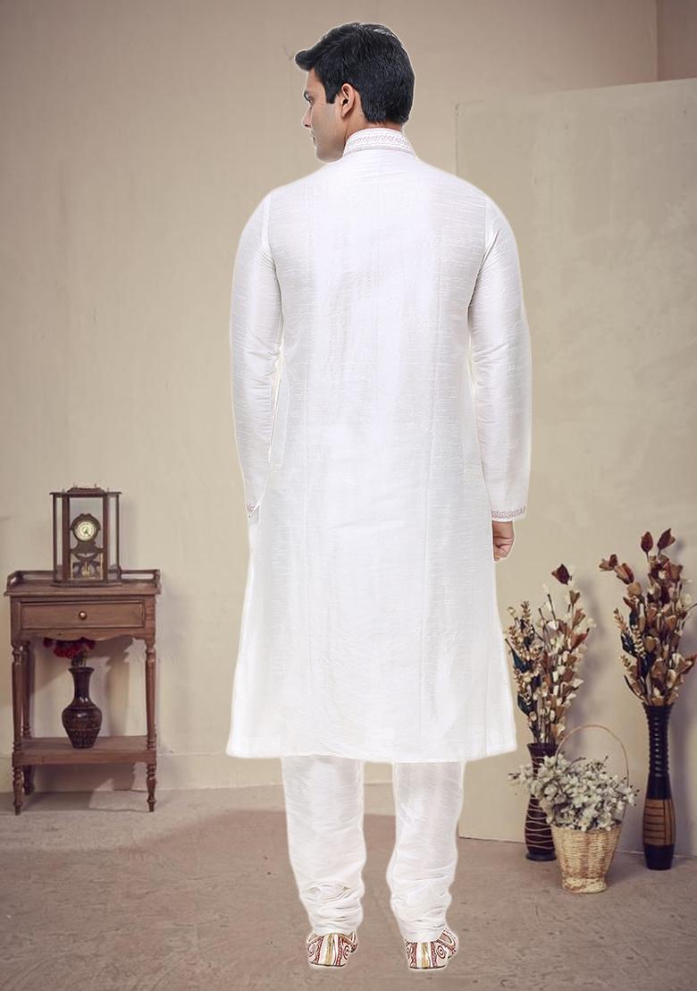 Off White Embroidered Silk Kurta Set For Men