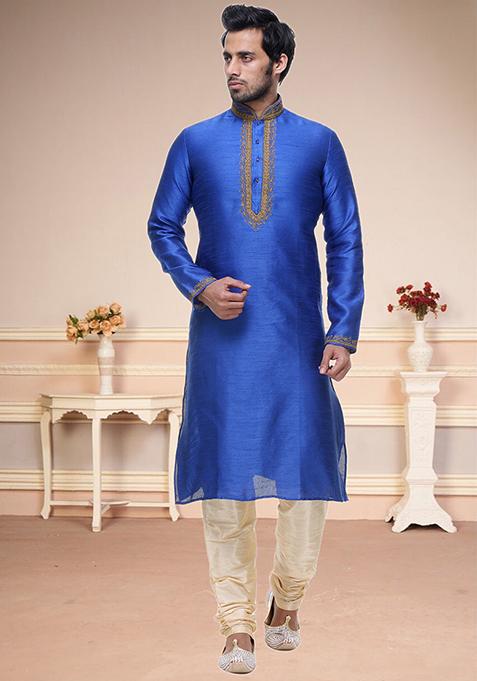 Royal Blue Embroidered Silk Kurta Set For Men