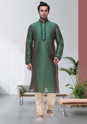 Green Embroidered Silk Kurta Set For Men