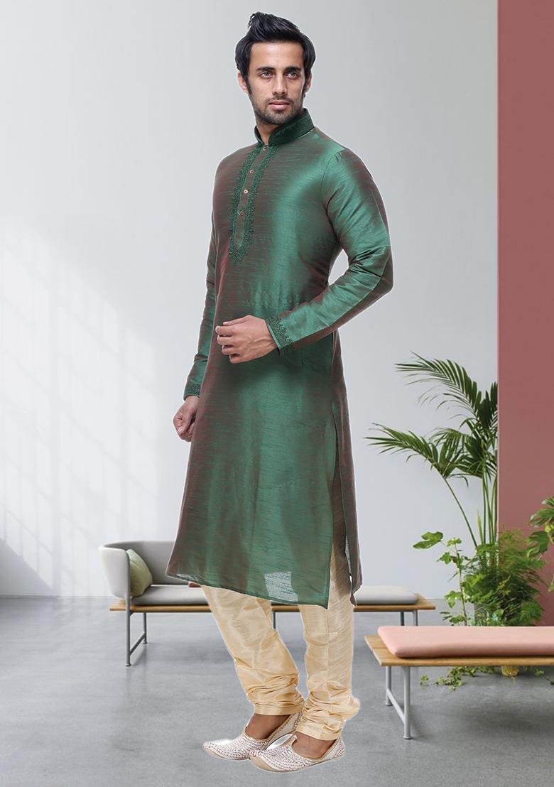 Green Embroidered Silk Kurta Set For Men