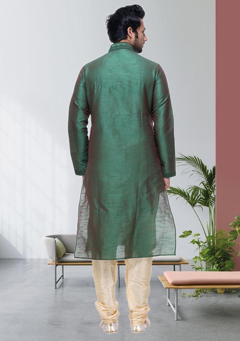 Green Embroidered Silk Kurta Set For Men