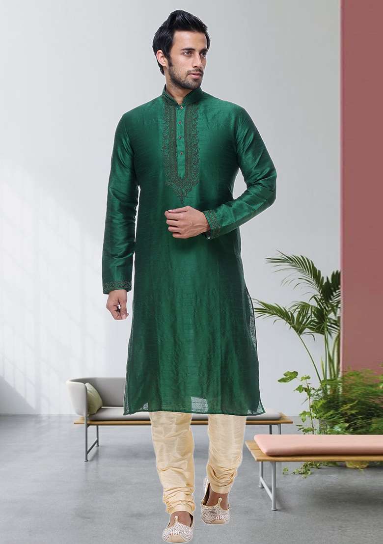 Green Embroidered Silk Blend Kurta Set For Men - Indya