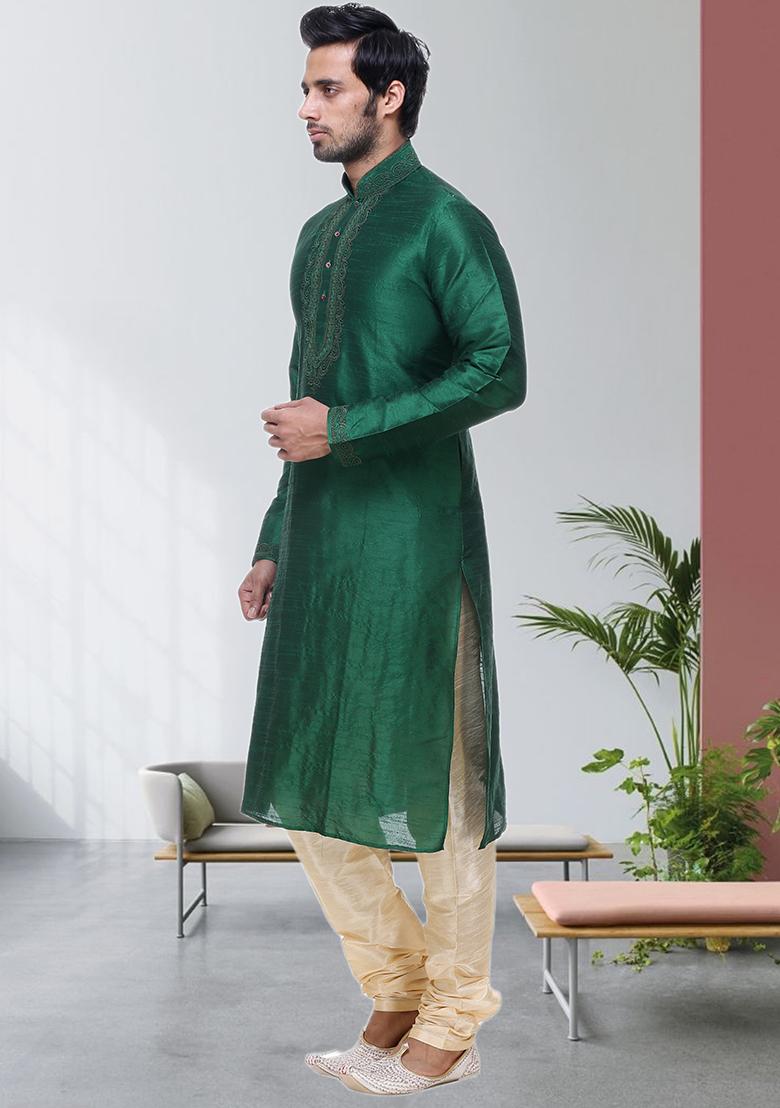 Green Embroidered Silk Kurta Set For Men