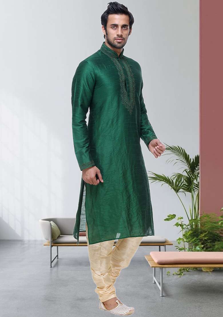 Green Embroidered Silk Blend Kurta Set For Men - Indya
