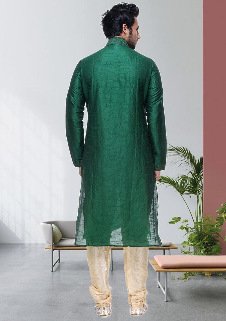 Green Embroidered Silk Kurta Set For Men