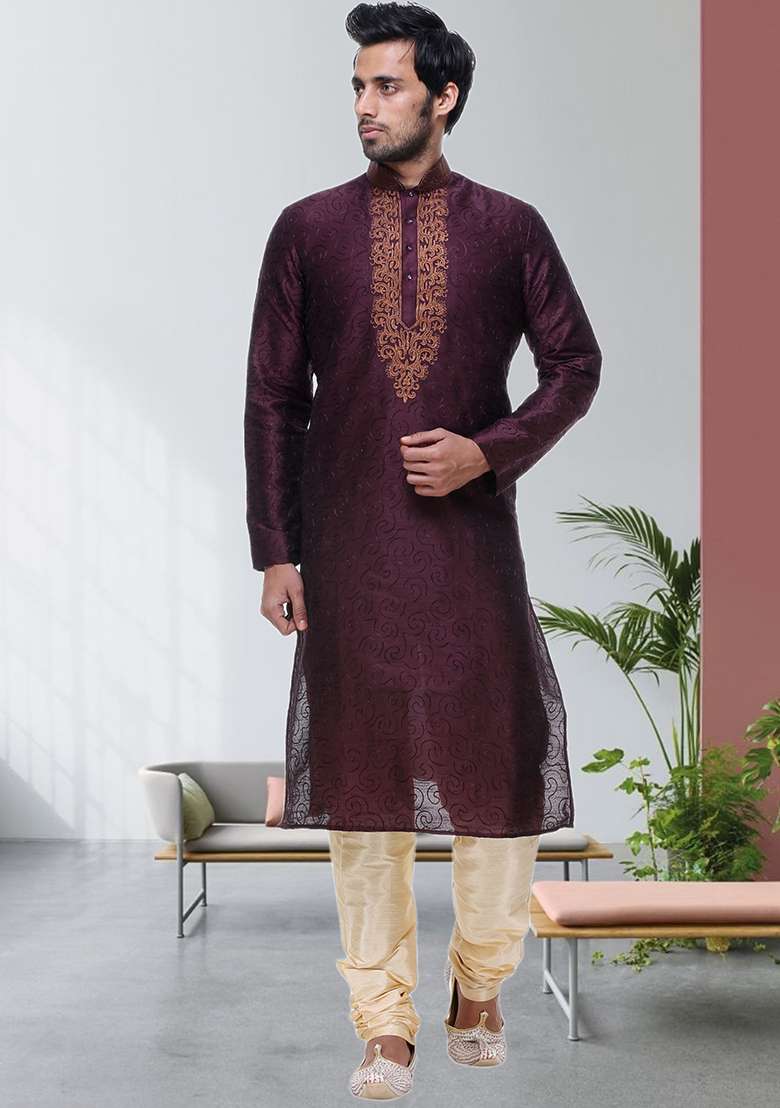 Wine Embroidered Silk Blend Kurta Set For Men - Indya