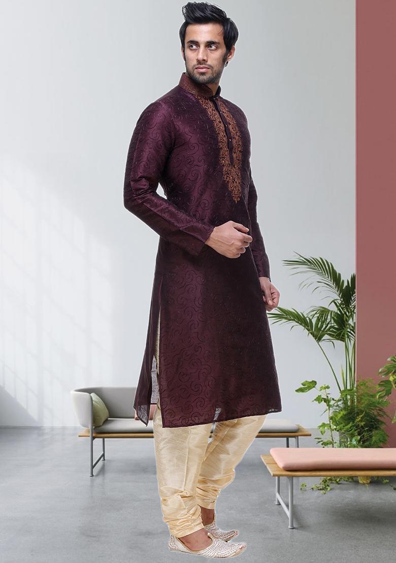 Wine Embroidered Silk Kurta Set For Men