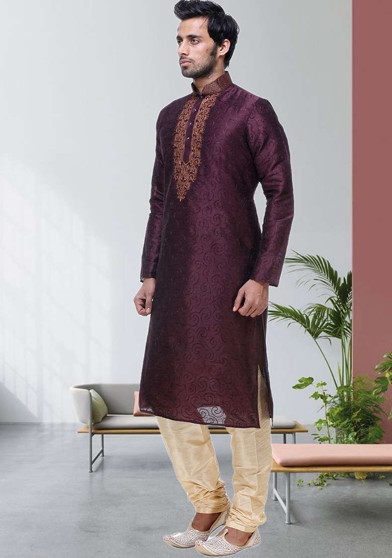 Wine Embroidered Silk Blend Kurta Set For Men - Indya