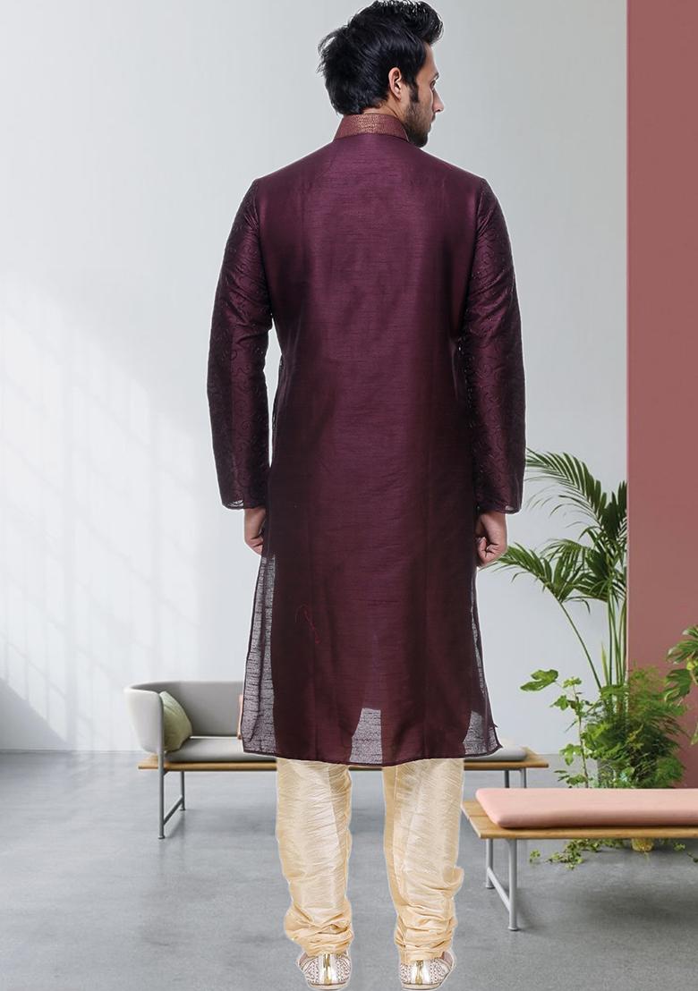 Wine Embroidered Silk Kurta Set For Men