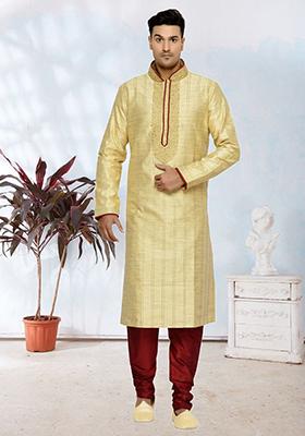 Fawn Yellow Embroidered Silk Kurta Set For Men