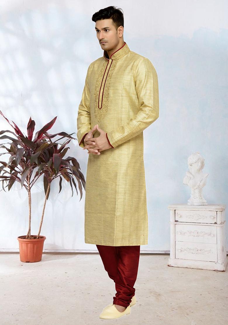 Fawn Yellow Embroidered Silk Kurta Set For Men