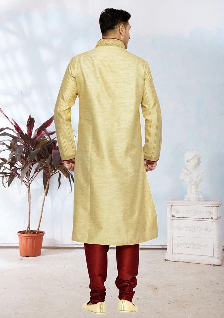 Fawn Yellow Embroidered Silk Kurta Set For Men