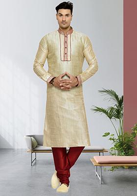 Fawn Yellow Embroidered Silk Kurta Set For Men