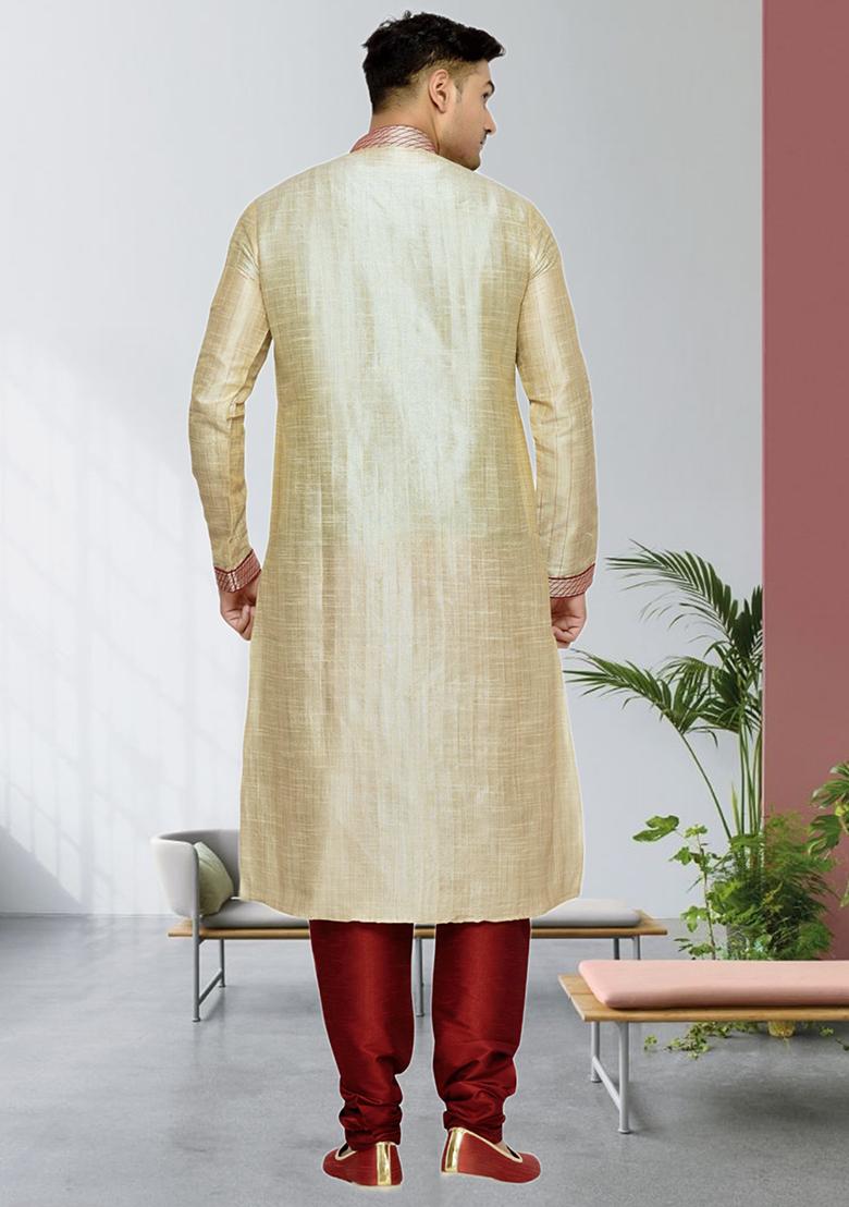 Fawn Yellow Embroidered Silk Kurta Set For Men