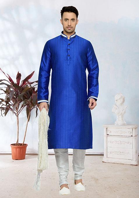 Royal Blue Embroidered Silk Kurta Set For Men