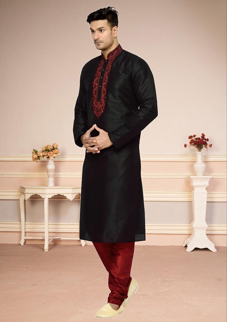 Blue Embroidered Silk Kurta Set For Men