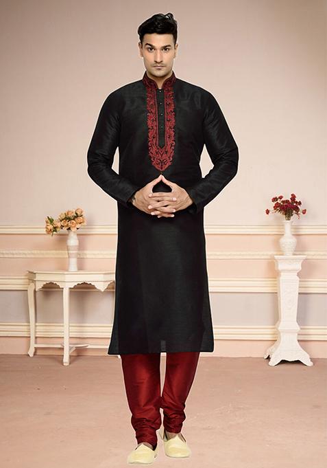 Blue Embroidered Silk Kurta Set For Men