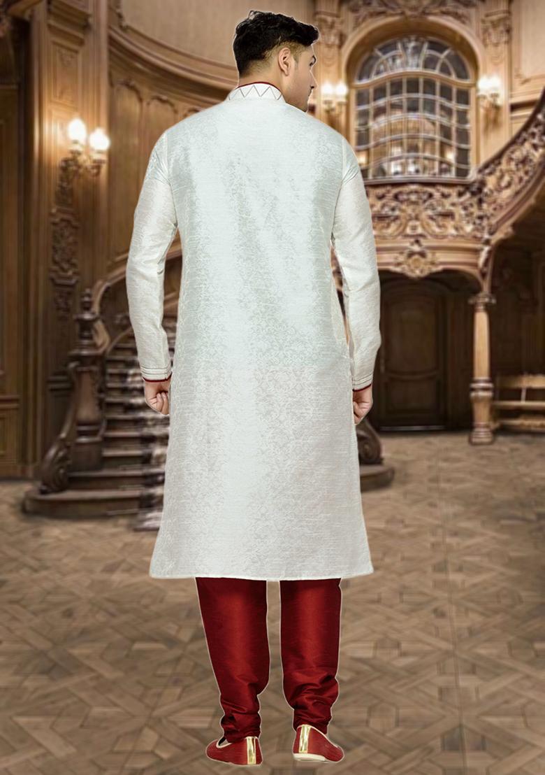 Off White Embroidered Brocade Kurta Set For Men