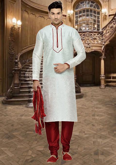 Off White Embroidered Brocade Kurta Set For Men